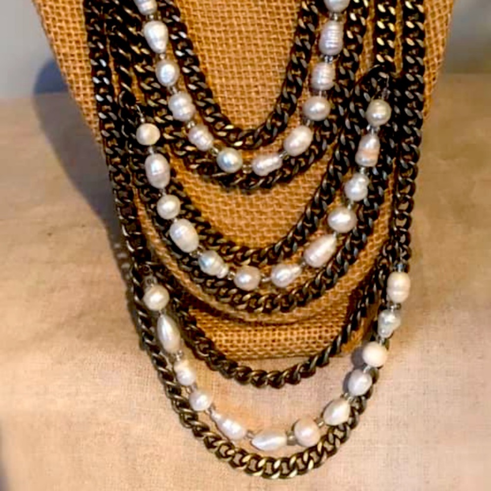 Bronze chain & freshwater pearl necklace/earrings